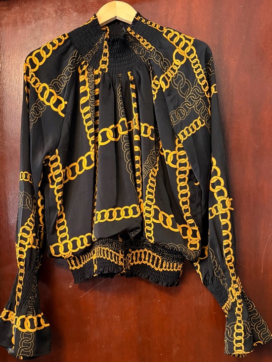 Gracia Tops - Women’s Gracia Black & Gold Chain Print Smocked Blouse